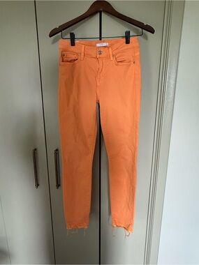 7 For All Mankind Orange Skinny Jeans Raw Hem Size 26